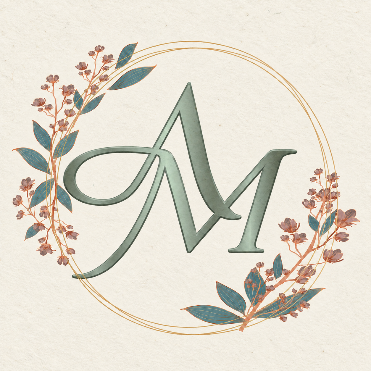 Andrew and Mirna’s intertwined monogram, framed by a gold ring and botanical flowers, printed on textured ivory paper